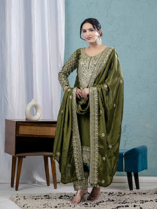 Charming Green Chinnon Silk with Embroidery Work Sharara Suit