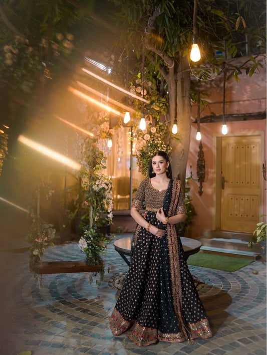 Presenting Black Poly Silk with Zari Work Lehenga Choli