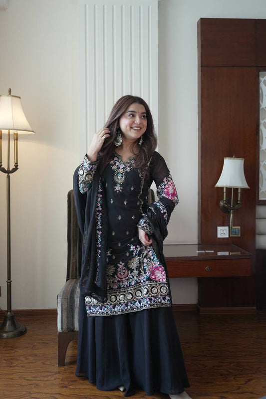 Amazing Black Georgette with Sequence Embroidery Work Kurti Set