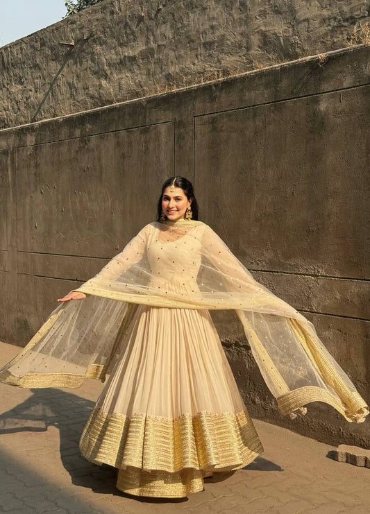 Lovely Cream Georgette with Sequins Work Anarkali Suit