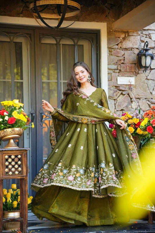 Beautiful Olive Green Silk Multi Embroidery Work Gown