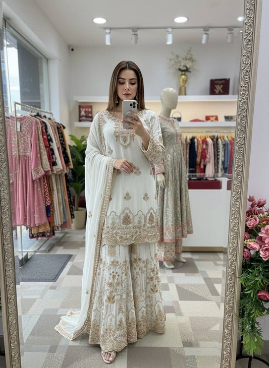 Exclusive White Fox Georgette Embroidered Sharara Suit