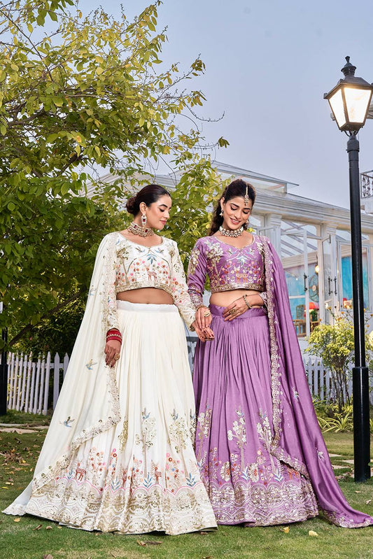 Exclusive White Vichitra Embroidery Sequence Work Lehenga