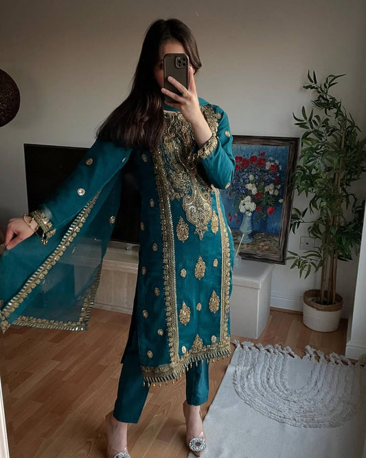 Attractive Teal Chinnon Silk with Embroidery Work Sharara Suit