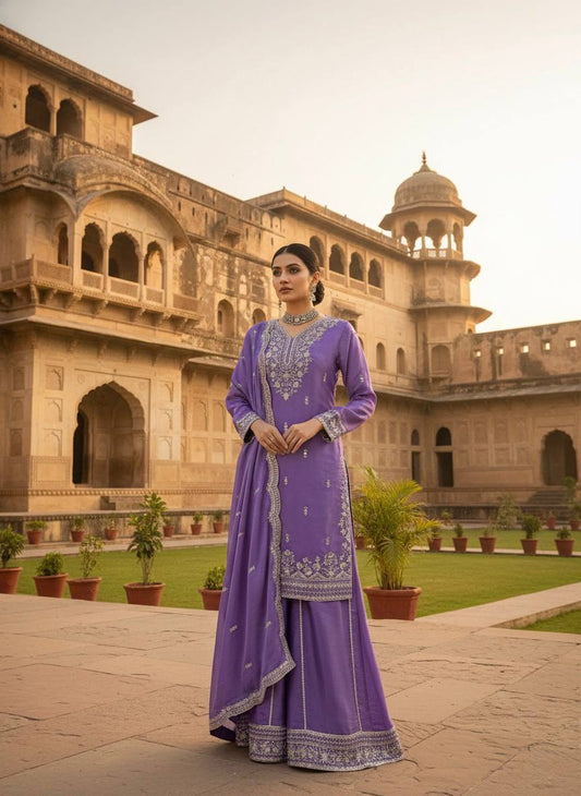 Exclusive Purple JMC Silk with Sequence Work Palazzo Suit