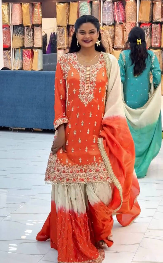 Fabulous Orange Silk with Sequence Work Sharara Suit