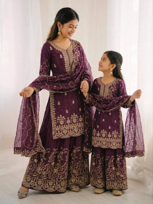 Charming Purple Gmy Silk Embroidery Sequence Sharara Suit