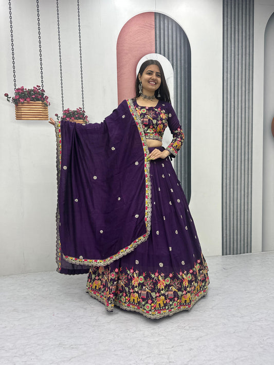 Charming Purple Chinon Embroidery Work Lehenga Choli