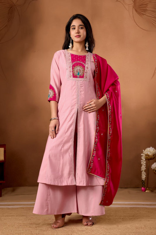 Lovely Pink Roman Silk Multi Embroidery Anarkali Kurti Set