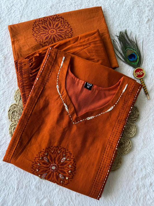 Beautiful Orange Cotton Hand Work Kurti