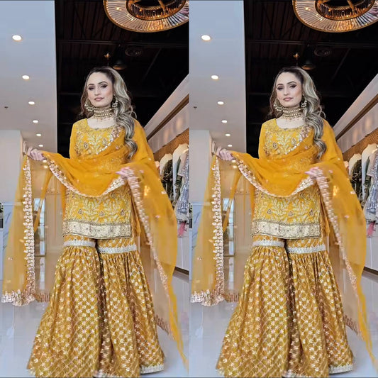 Lovely Yellow Silk with Sequence Work Sharara Suit