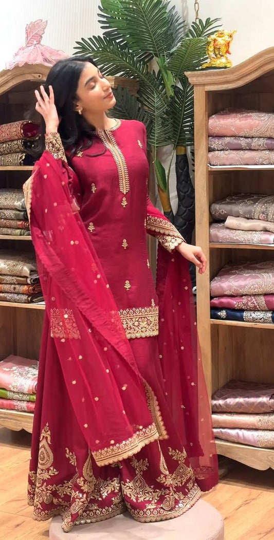 Charming Red Chinon Silk Thread Work Sharara Suit