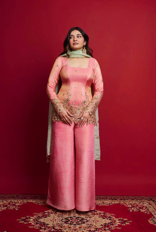 Stylish Pink Heavy Shimmer Silk with Embroidery Sequins Work Sharara Suit