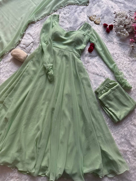 Amazing Pista Green Georgette Anarkali Work Suit