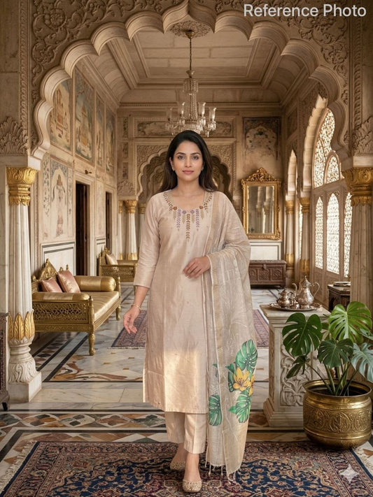 Alluring Cream Mul Chanderi with Hand Work Suit