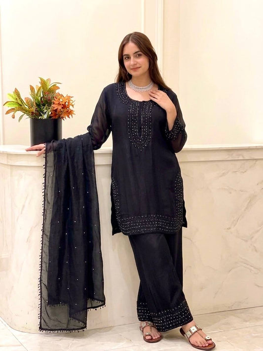 Amazing Black Silk Embroidery Work Sharara Suit