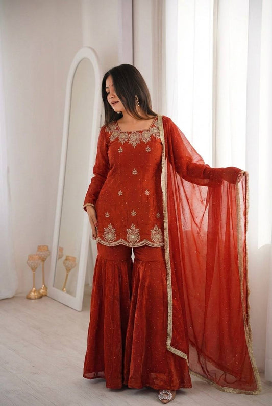 Red Fendy Silk with Sequence Work Sharara Suit