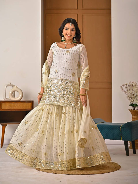 Amazing White Georgette Silk Embroidery Sharara Suit
