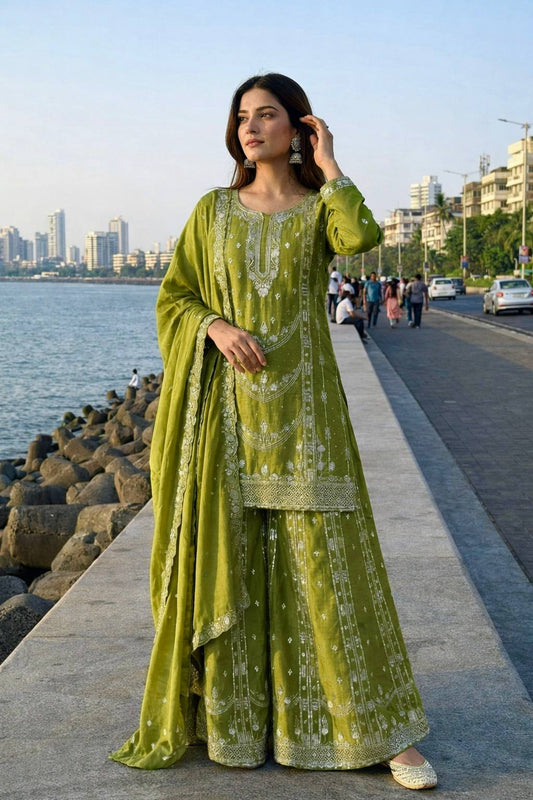 Exclusive Parrot Green Chinon Embroidery Work Palazzo Suit