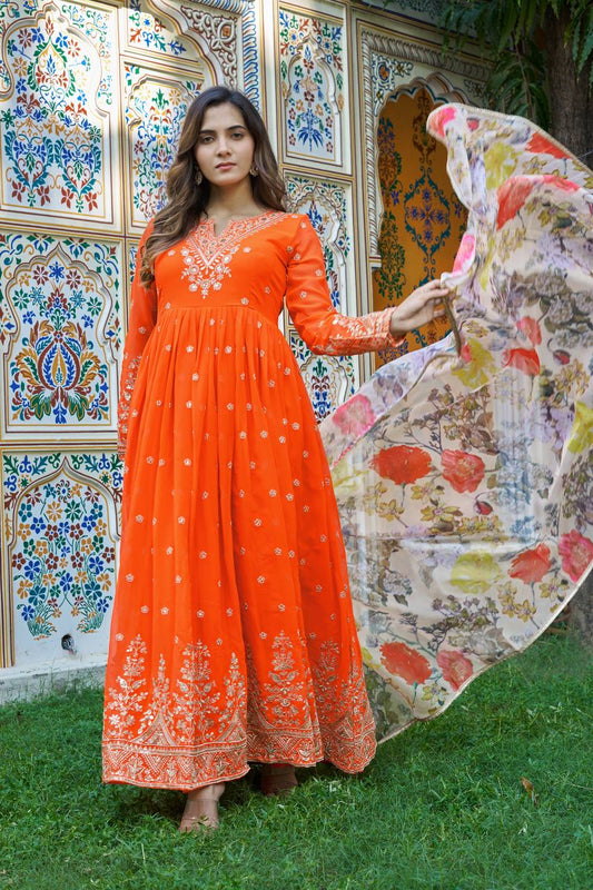 Amazing Orange Georgette Thread Work Gown