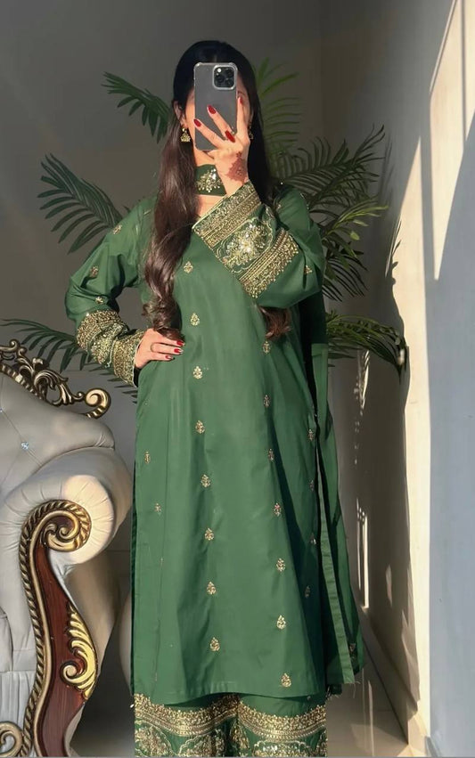 Lovely Green Crep Silk with Sequence Work Sharara Suit