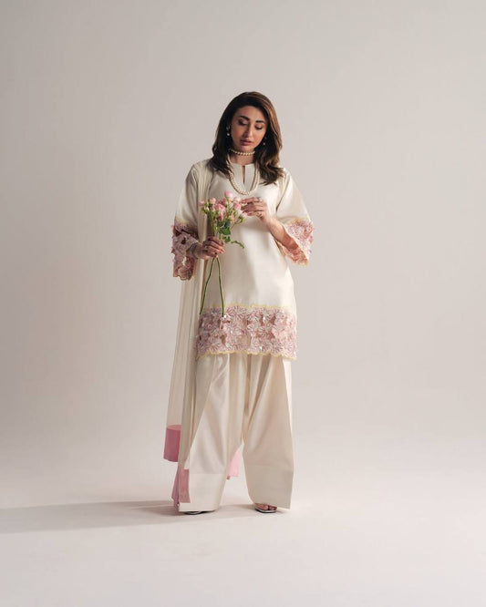 Exclusive Cream Silk with Moti Hand Work Sharara Suit