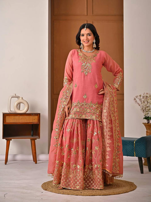 Charming Pink Silk with Sequence Work Sharara Suit