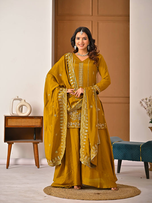 Awesome Mustard Heavy With Hand Work Sharara Suit