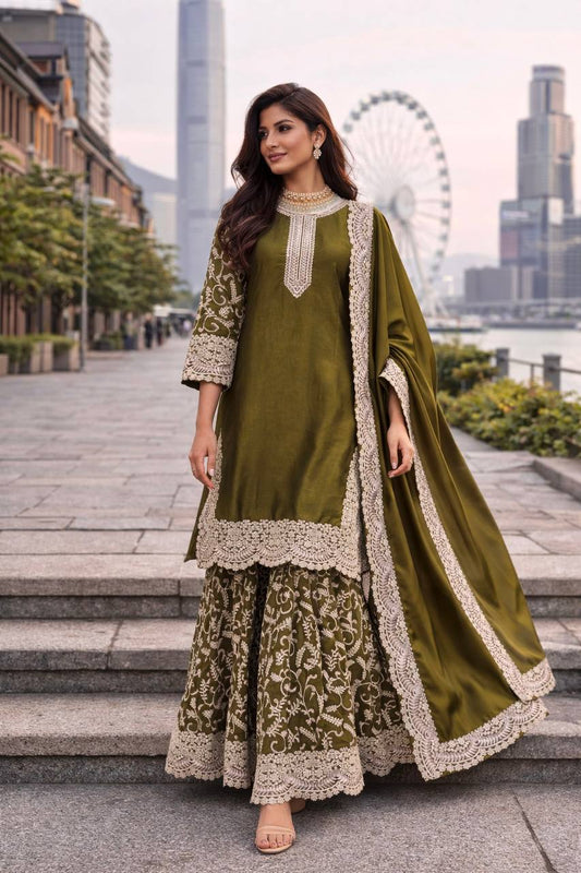 Mehndi Color Heavy Fandy Silk Embroidery Work Sharara Suit