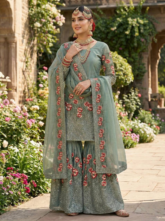 Gorgeous Green Fendy Silk with Heavy Embroidery Sharara Suit