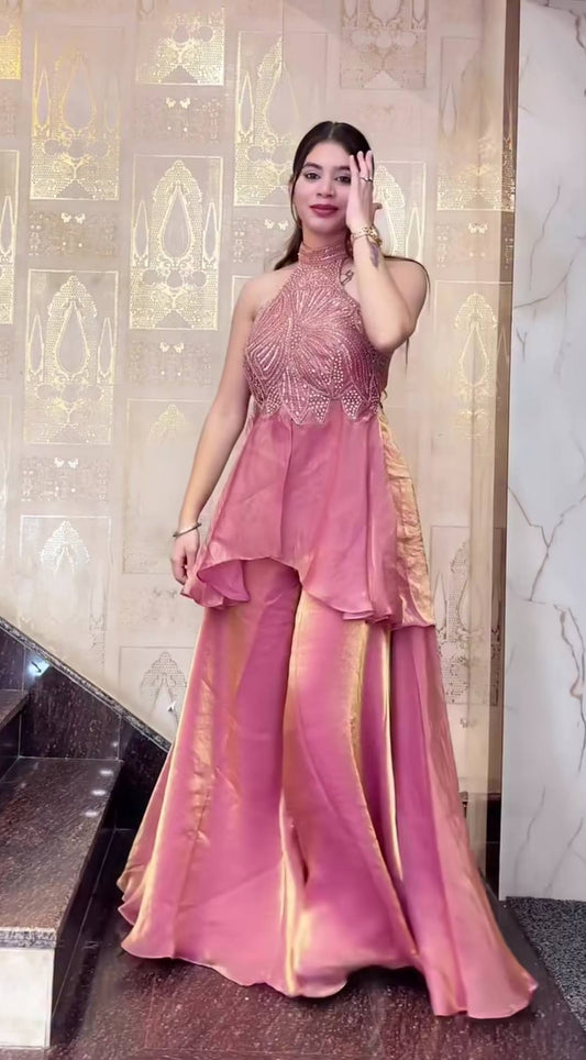Designer Peach Heavy Fandy Silk Sharara Palazzo Suit