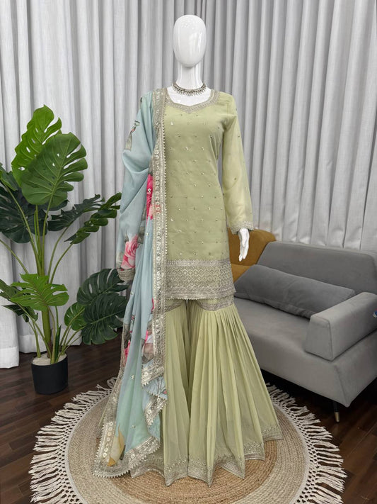 Adorable Pista Green Sequence Work Sharara Suit