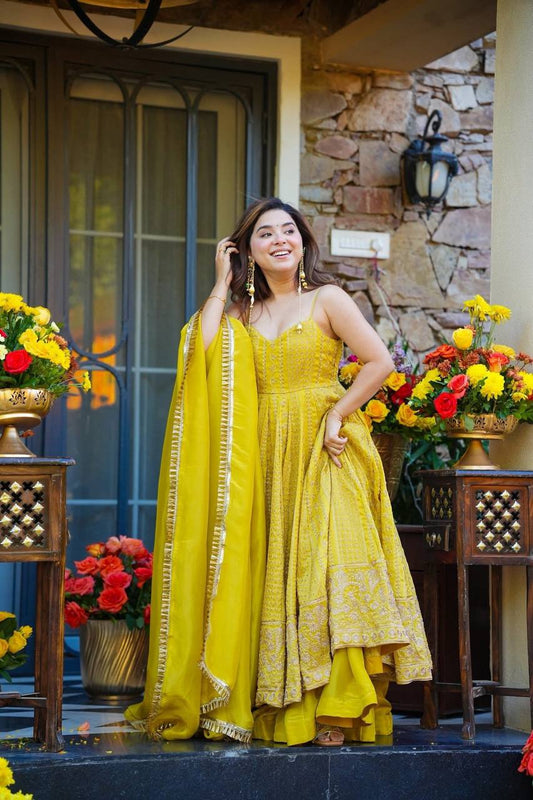 Alluring Yellow Organza with Zari Sequins Work Gown