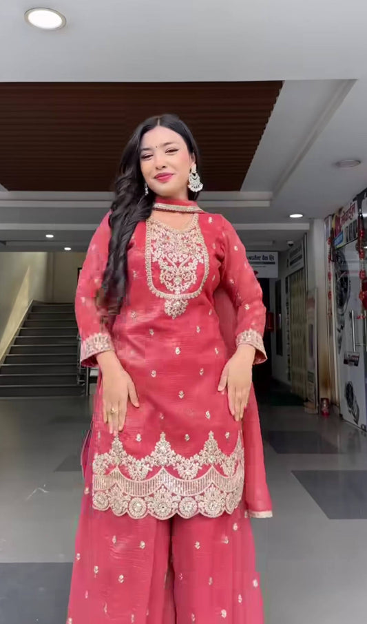 Charming Red Heavy Sequence Work Sharara Suit