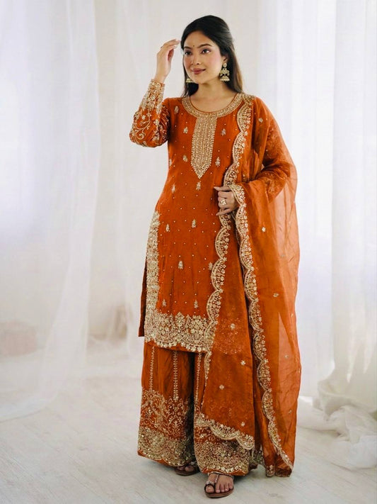 Captivating Orange Fendy Silk Embroidery Palazzo Suit