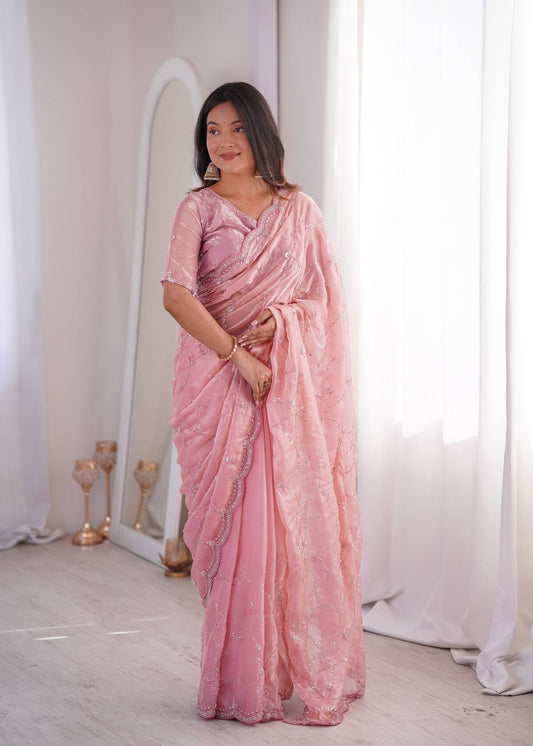 Lovely Pink Silk with Fancy Work Saree
