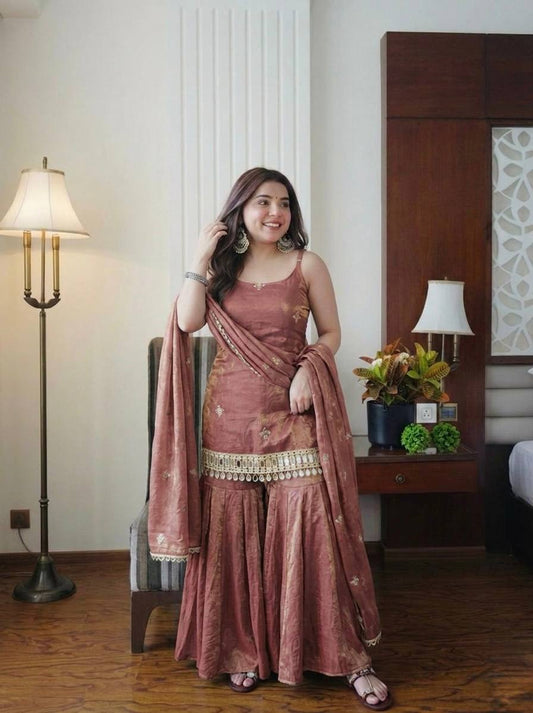 Alluring Fendy Silk Embroidery Sharara Suit