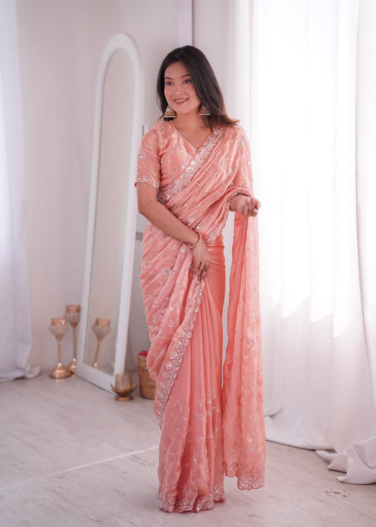 Opulent Peach Silk Saree with Beads Work