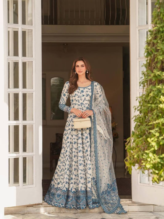 Beautiful Blue Heavy Faux Georgette Embroidered Gown
