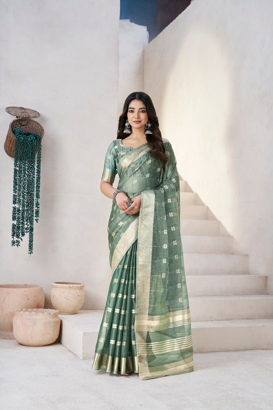 Exclusive Green Soft Linan Cotton Silk Zari Work Saree
