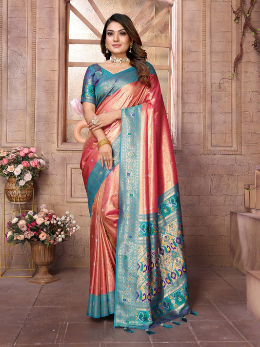 Wedding Wear Pink With Sky Colour Paithani Banarasi Tissue Silk Sarees