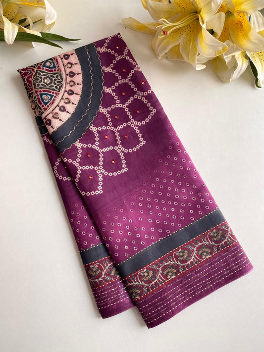 Captivating Bandhani Print With Work Wine Color Saree