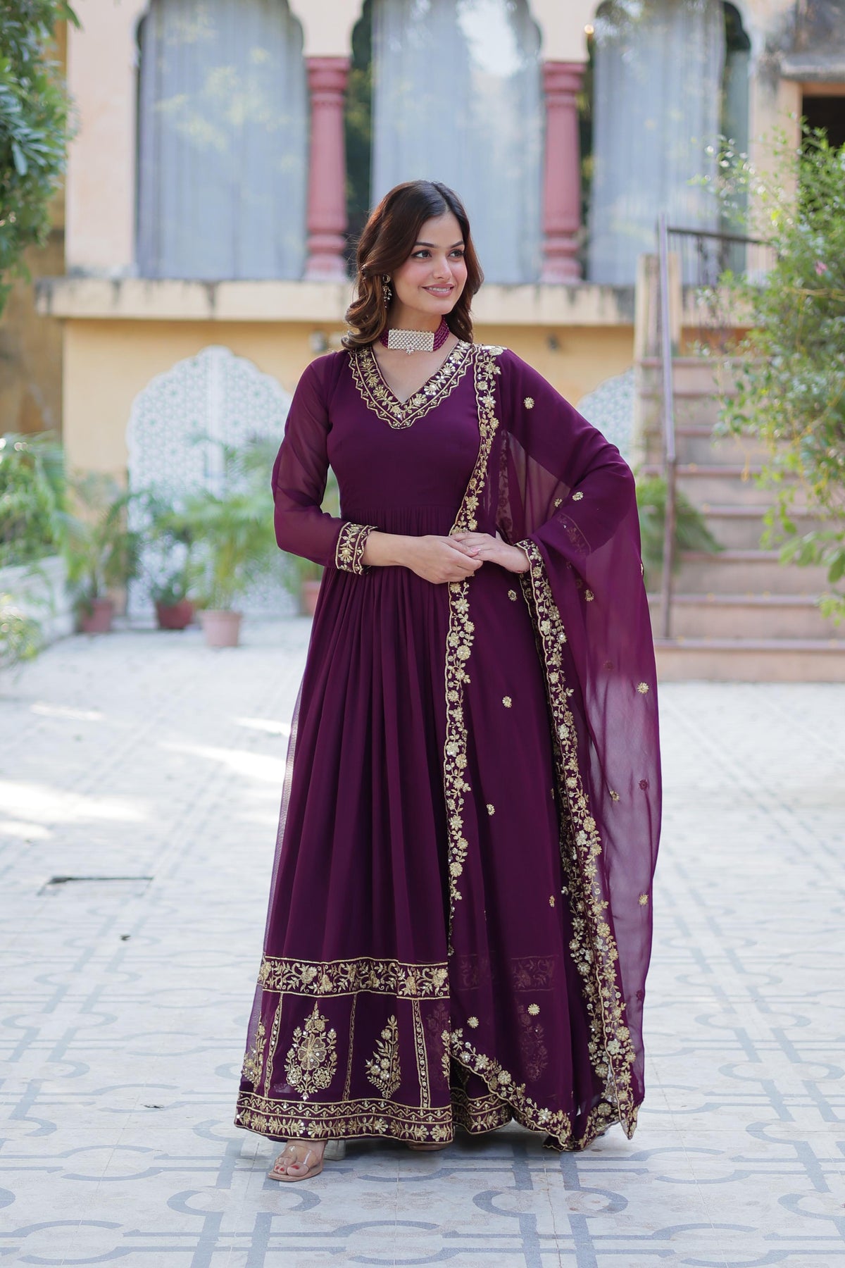 Attractive Georgette Embroidery Work Wine Color Gown