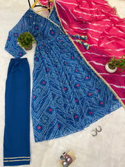 Lovely Blue Georgette Embroidery Work Gown