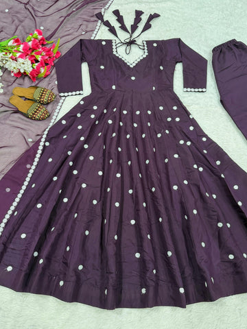 Attractive Purple Heavy Roman Silk Embroidery Anarkali Suit