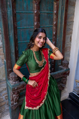 Wonderful Zari Weaving Work Green & Red Color Lehenga Choli