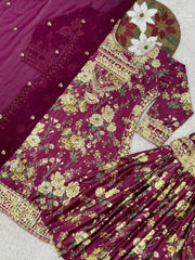 Stylish Wine Chinon Silk Embroidery Sharara Suit