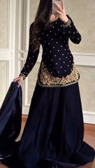 Stylish Blue Velvet with Sequence Work Plazo Suit