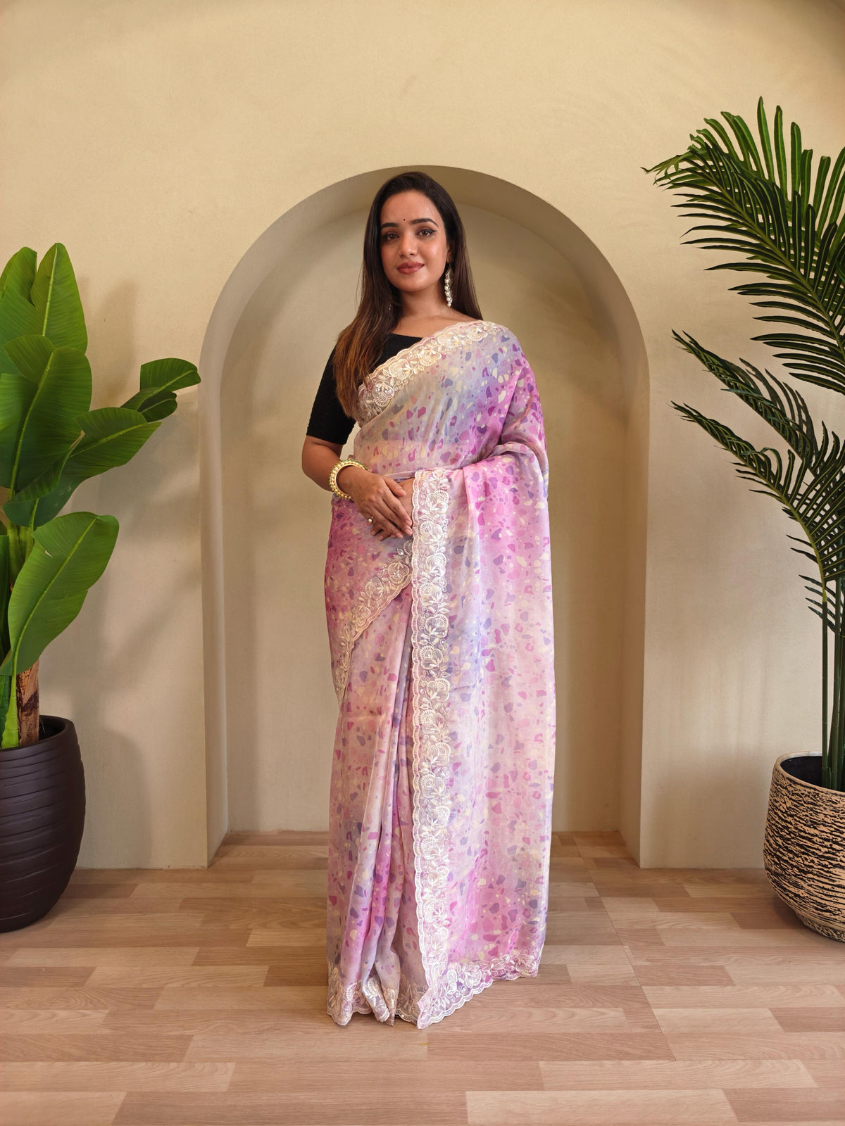 Classic Light Pink Color Digital Print Organza Saree