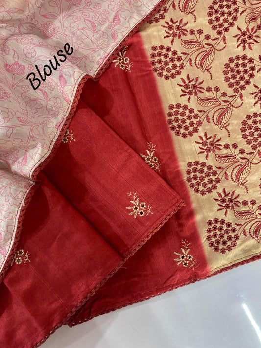 Precious Embroidery Design Red Color Sarees